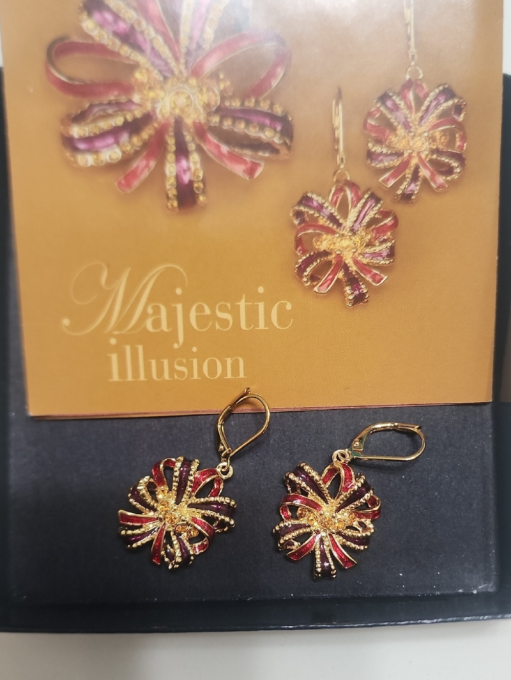Majestic Gold Drop Earrings with Red and Purple Enamel